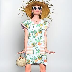 Brooke Wright Citrus Orange Print Shift Dress Size Large Cotton Pockets Resort